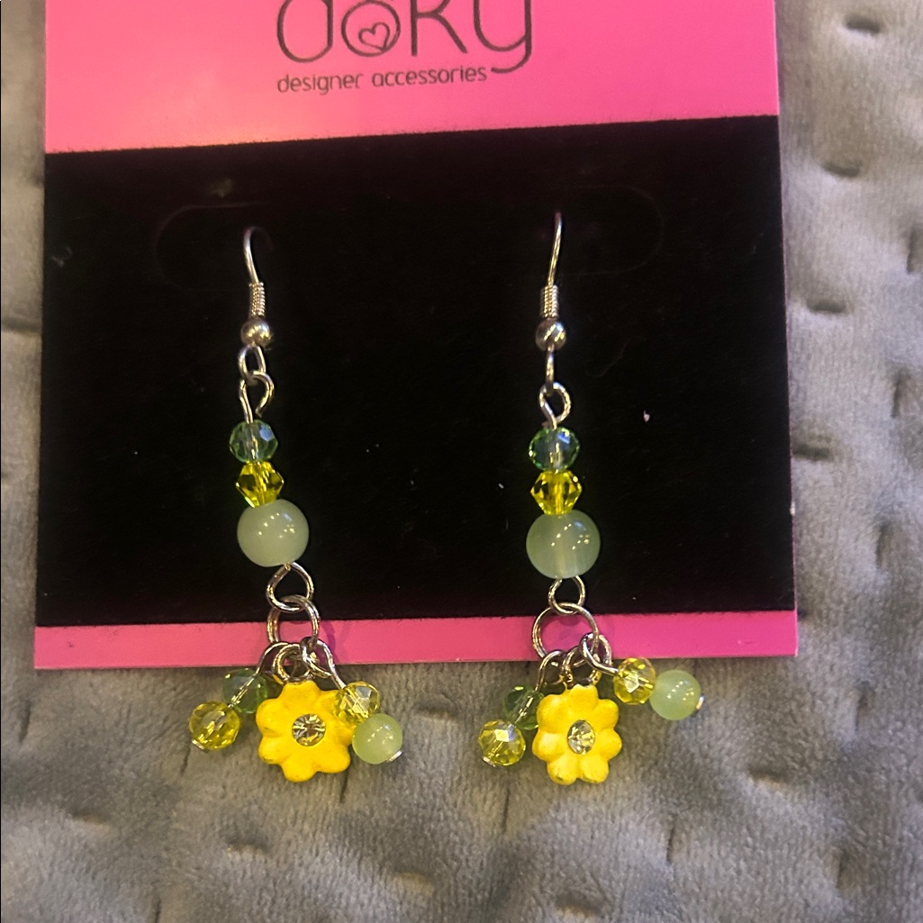 Yellow & Green Crystal Dainty Flower Dangle Earrings-Nwt